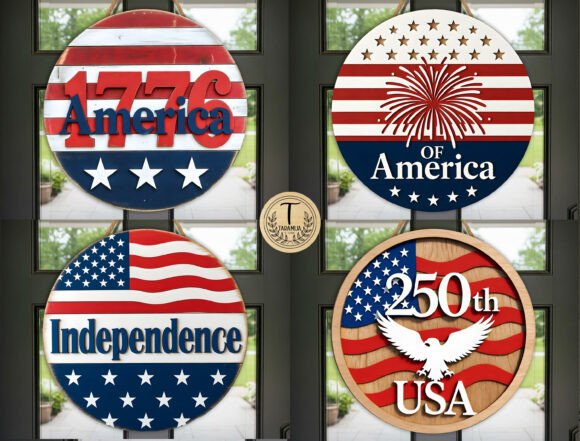 4th of July Round Door Hanger SVG for Laser Cutting