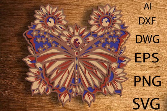 American Flag Butterfly Multilayer SVG for Laser Cutting