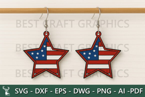 American Flag Star Earrings SVG for Laser Cutting & Keychains