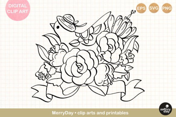 Bird Flower Line Art No. 9: Graphics & Illustrations for Crafting