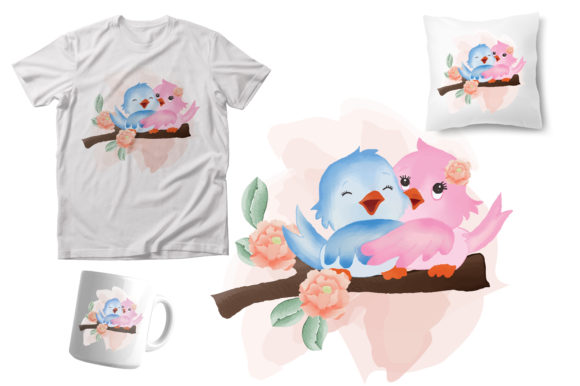 Watercolor Birds Couple Graphics and Illustrations